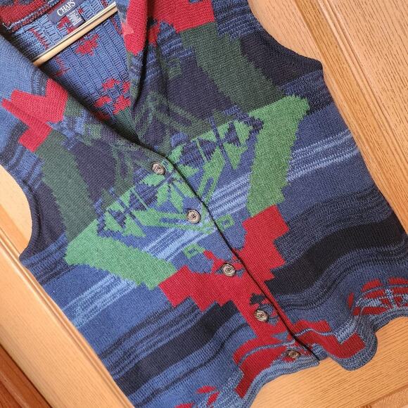 Chaps Navajo Southwestern Sweater Vest Women's Size XL Shawl Neck Button Blue - Picture 3 of 16